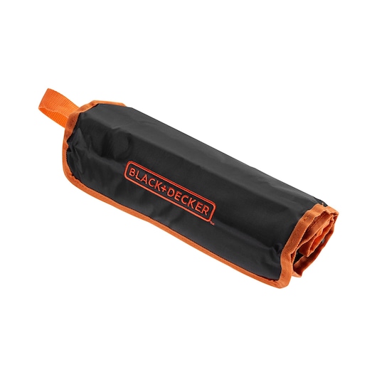 A BLACK+DECKER branded black and orange tool roll bag, closed and featuring a carrying handle.