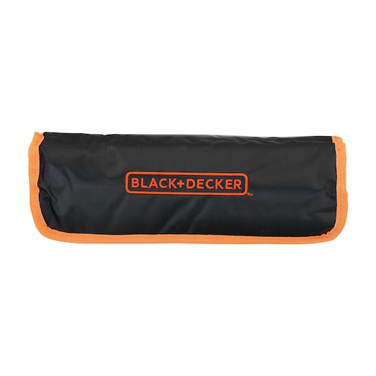 A BLACK+DECKER branded black and orange soft carrying case, designed for holding tools or accessories.