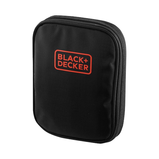 BLACK+DECKER A7104 black zippered carrying case, angled view, durable fabric, photography product.