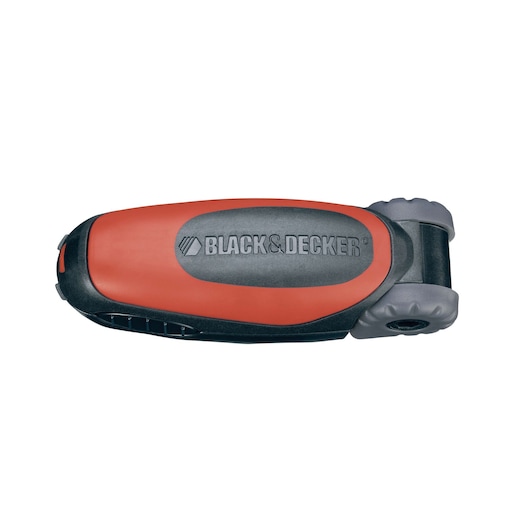 A BLACK+DECKER branded compact, red and black hand tool with a foldable design, photographed against a white background.