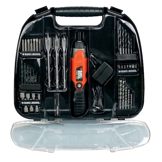 A BLACK+DECKER tool kit with a cordless screwdriver, drill bits, screwdriver bits, socket heads, charger, and accessories arranged neatly in a black plastic carrying case with a transparent lid.