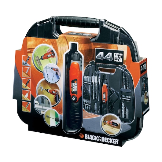 BLACK+DECKER A7145 44-piece tool kit in black hard case, featuring a cordless screwdriver with various bits and accessories, front angle.