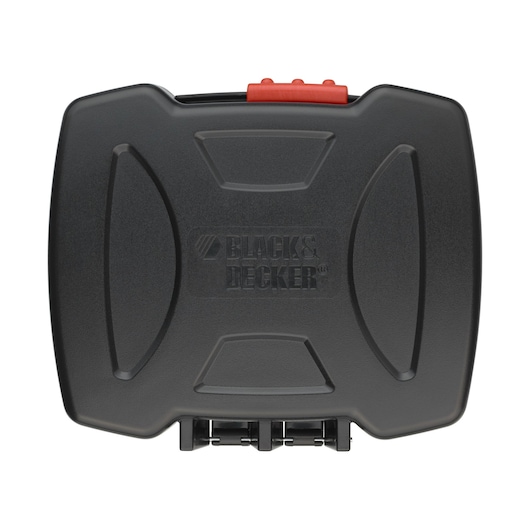 A BLACK+DECKER branded black hard plastic carrying case with a red latch on top, viewed from above.