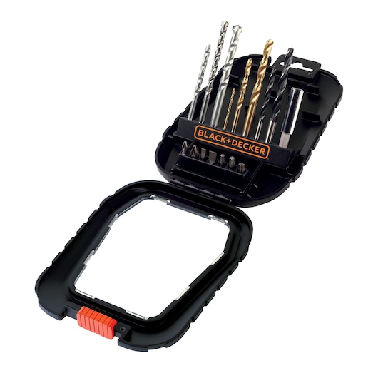 BLACKDECKER drill and bit set A7186 in black case, open top view showing various drill bits and driver bits.