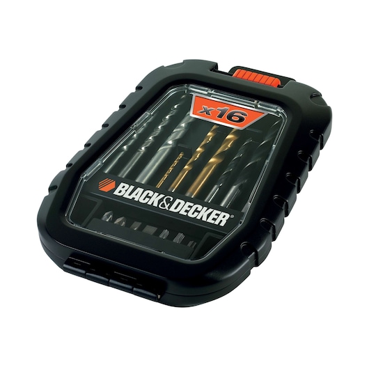 A BLACK+DECKER branded plastic case containing a 16-piece drill and screwdriver bit set, visible through a transparent cover.