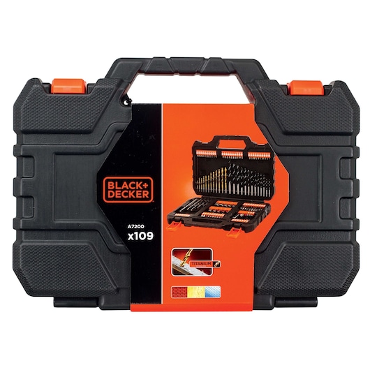 BLACK+DECKER A7200 109-piece drill and screwdriver set in a black and orange plastic carrying case, shown with internal tool compartments displayed on the case label.