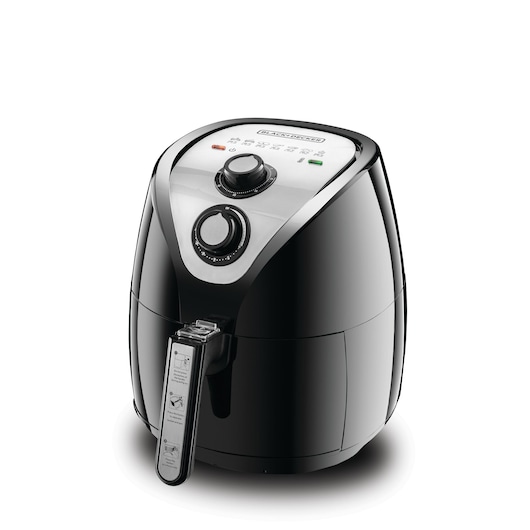 A BLACK+DECKER AF200 air fryer with a sleek black and silver design, featuring a control panel with two dials and indicator lights, and a handle with instructions. The appliance is used for oil-free cooking.