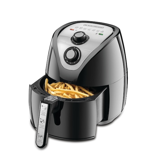 A BLACK+DECKER AF200 air fryer with a drawer filled with cooked French fries, featuring two control knobs and indicator lights on the front panel.