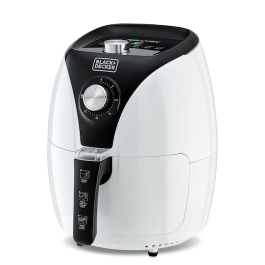 A BLACK+DECKER air fryer model AF220 with a black and white design, featuring a timer dial and instructions on the handle for use.