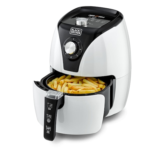 A BLACK+DECKER air fryer model AF220 with a batch of cooked French fries inside the basket, shown against a white background.