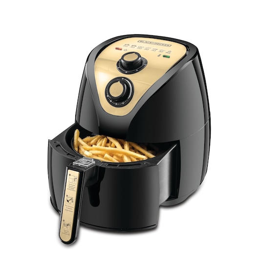 A BLACK+DECKER air fryer with a beige control panel, featuring two dials and indicator lights, is shown with its basket open, filled with cooked French fries.