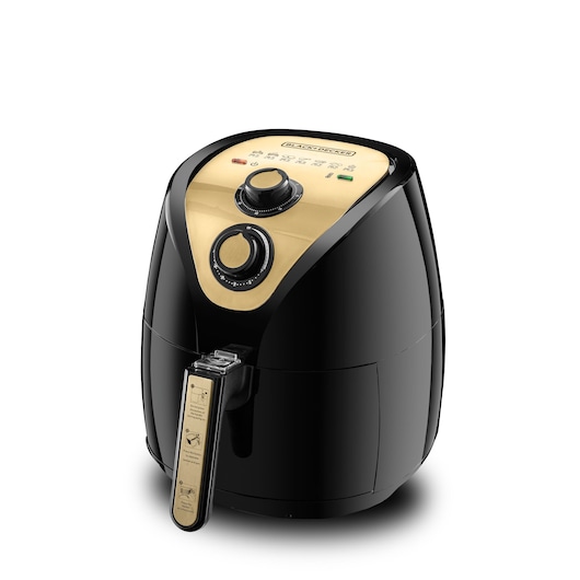 A BLACK+DECKER air fryer with a black and gold design, featuring two control knobs and indicator lights on the top panel. The fryer has a handle with instruction icons and a rounded, modern appearance.