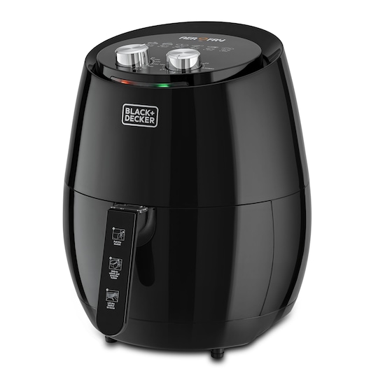 A BLACK+DECKER air fryer with a glossy black finish, featuring two control dials on top for temperature and time settings. The appliance has a removable cooking basket and clear indicator icons on the handle.