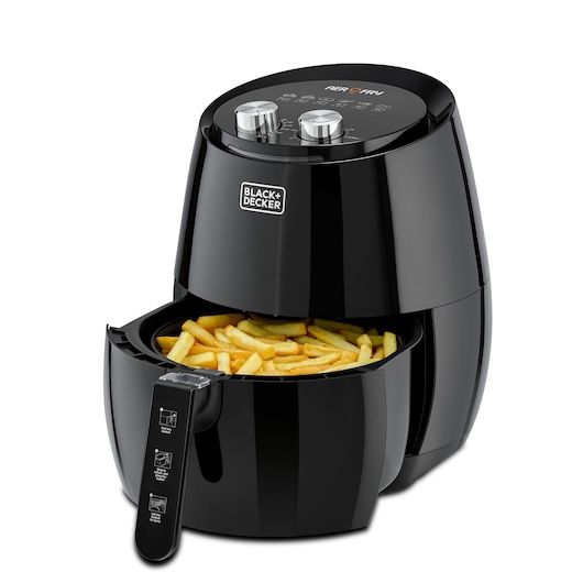 A BLACK+DECKER air fryer model AF350 with a drawer filled with cooked French fries, shown on a white background.