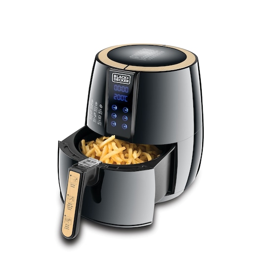 A BLACK+DECKER air fryer model AF400 with a digital display and touch controls, shown with the basket open and filled with French fries.