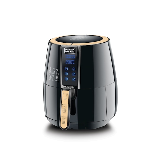 A BLACK+DECKER AF400 air fryer with a digital display and touch buttons, featuring a black and gold design.