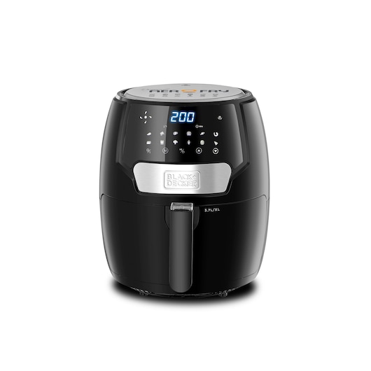 BLACK+DECKER black air fryer with digital display and control panel, featuring a 3.7L XL capacity.