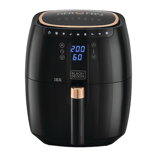 A BLACK+DECKER AeroFry XL digital air fryer with a 3.9L capacity, featuring a black design with copper accents, digital display showing temperature and time, and touch control buttons.
