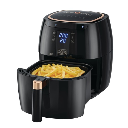 A BLACK+DECKER air fryer with a digital display, shown with its basket filled with cooked French fries.