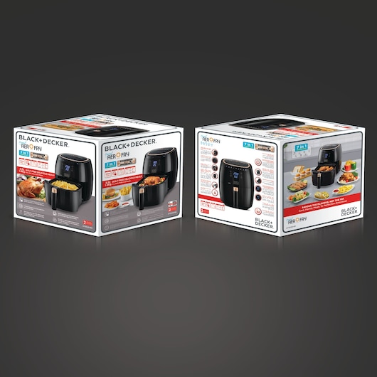 Photo of two BLACK+DECKER AeroFry 7-in-1 air fryer boxes, SKU AF5539, showing product images and features.