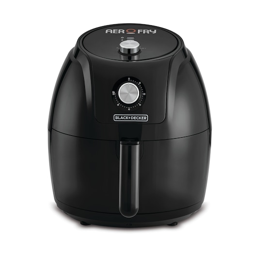 A BLACK+DECKER AeroFry air fryer, featuring a sleek black design, a front handle, and a dial control on the front. The device is shown against a plain white background.