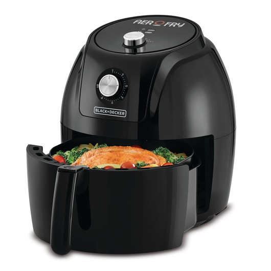 A BLACK+DECKER AeroFry air fryer with an open basket containing cooked food such as chicken, vegetables, and tomatoes, against a plain white background.