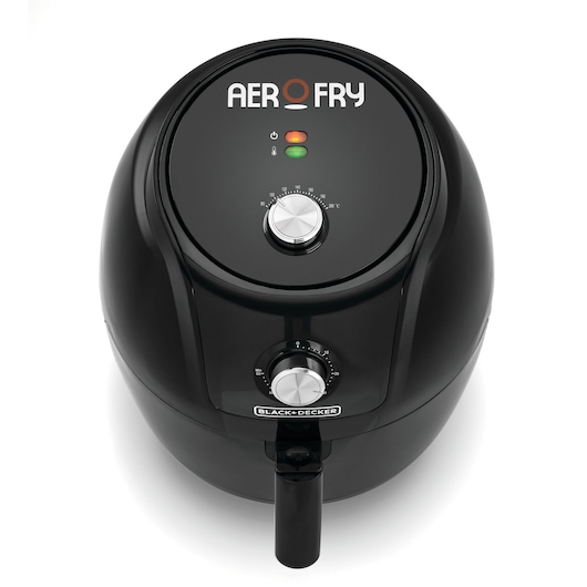 Photo of BLACKDECKER AF575 black air fryer with front handle, top temperature and timer dials, white background.
