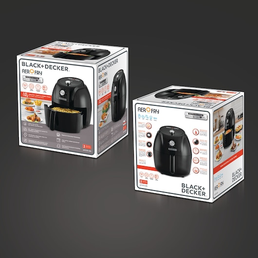 Photo of BLACK+DECKER AF575 air fryer product boxes, showing black air fryer and cooking features on white packaging.