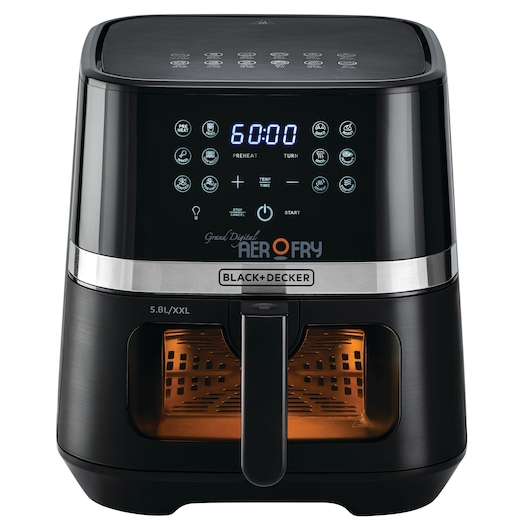 BLACK+DECKER Grand Digital Aerofry air fryer with touch screen controls, timer display, and a large viewing window showing the cooking basket inside. Model AF5800, rated 5.8L/XXL, designed in black with silver accents.