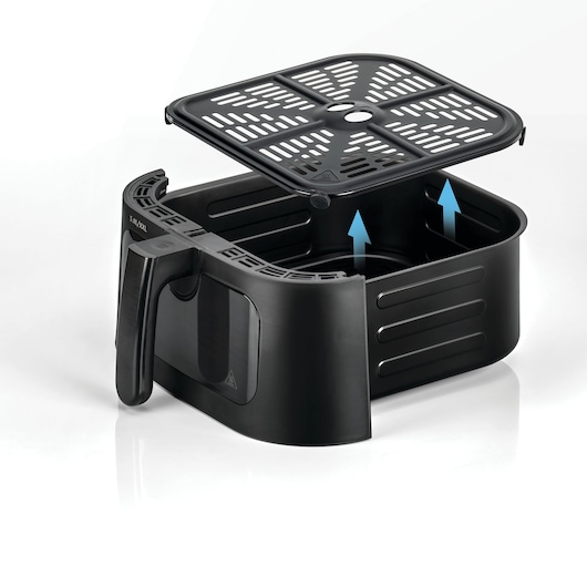 BLACKDECKER AF5800 air fryer basket with removable grill plate, shown at an angle on white background.