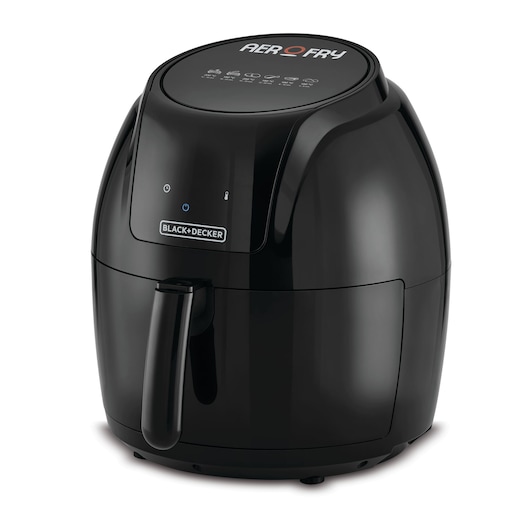 A black BLACK+DECKER AeroFry air fryer with a digital control panel on top and a handle in front.