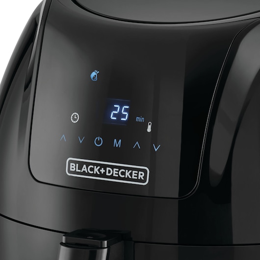 BLACK+DECKER AF625 air fryer with digital display showing 25 minutes, black finish, front angle.