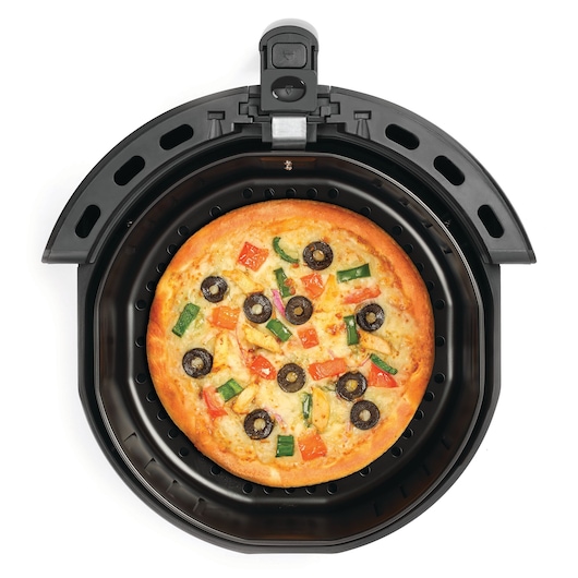 BLACK+DECKER AF625 air fryer top view with a cooked pizza topped with olives, peppers, and cheese.