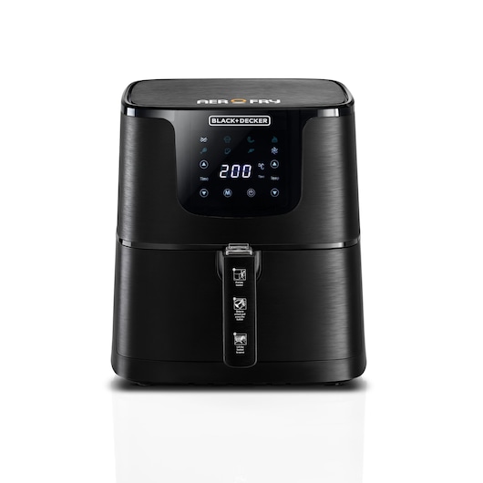 Front view of a BLACK+DECKER digital air fryer with a touch control panel displaying 200°C. The appliance is black and has a sleek, modern design with a labeled drawer handle.