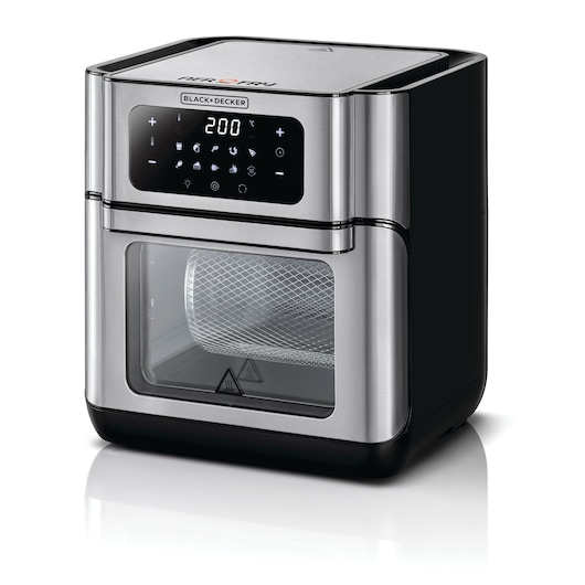 BLACK+DECKER stainless steel air fryer oven with digital control panel and windowed door, showing a mesh cooking basket inside.
