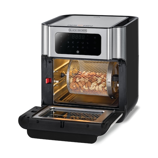 A BLACK+DECKER air fryer oven with a digital control panel, stainless steel front, and a transparent door open to show nuts inside a rotating mesh basket.