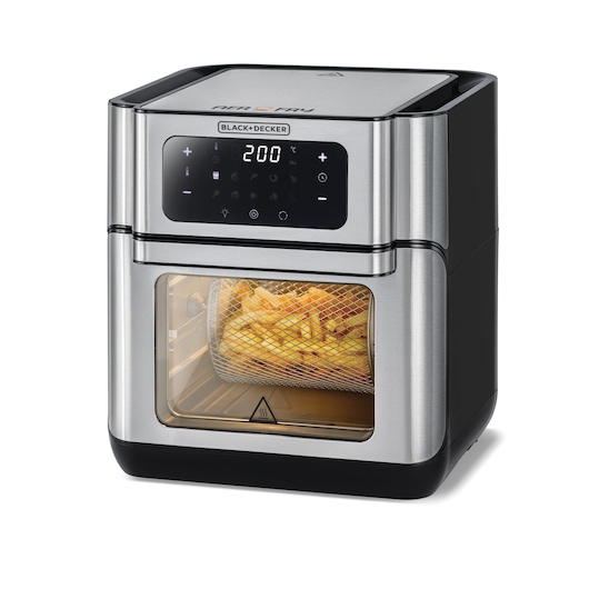 A BLACK+DECKER digital air fryer oven with stainless steel finish. The appliance's display shows a temperature of 200°C. Inside the transparent oven door, a rotating basket filled with French fries is visible.