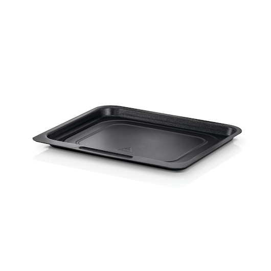 BLACKDECKER AOF100 rectangular black baking tray, angled view on white background.