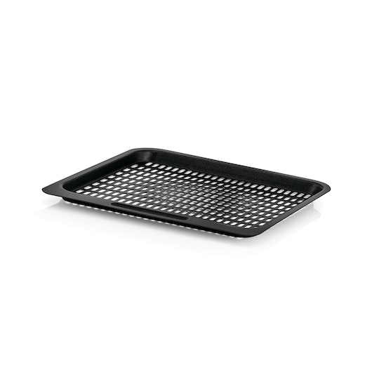 BLACKDECKER AOF100 black rectangular grill tray with perforated surface, angled view on white background.