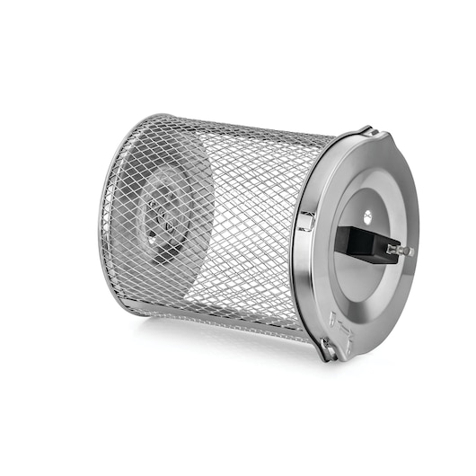 BLACKDECKER AOF100 cylindrical mesh air fryer basket with handle, side angle, silver metal construction.