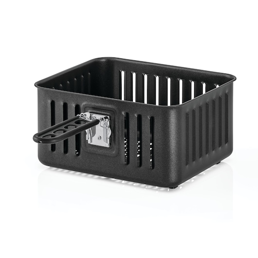 BLACKDECKER AOF100 black rectangular air fryer basket with handle, side angle, on white background.