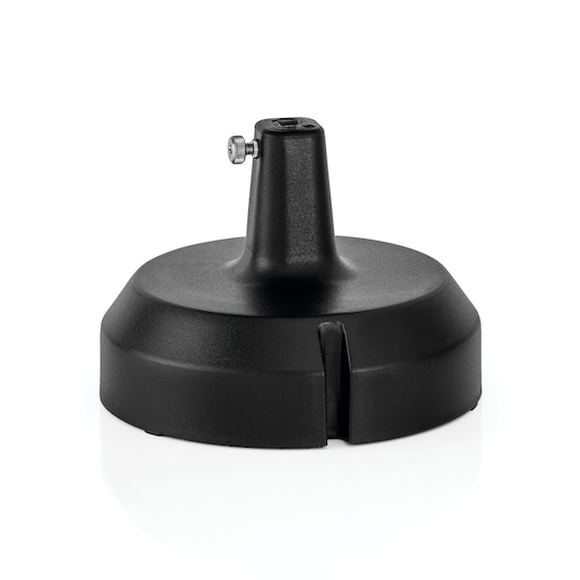 Photo of BLACKDECKER AOF100 black plastic tool accessory base, front angle on white background.