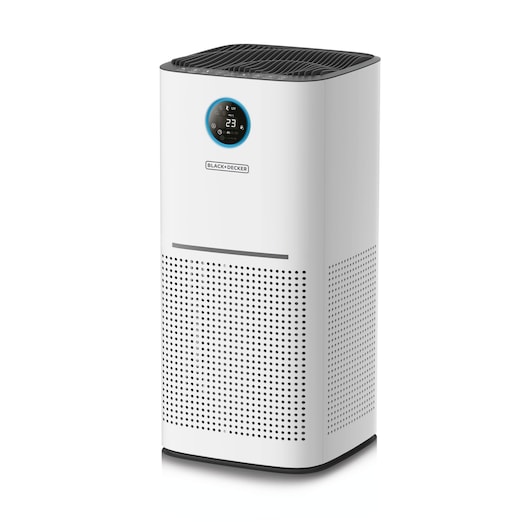 A BLACK+DECKER air purifier with a rectangular, tower design in white, featuring a digital display and control panel on the front near the top.