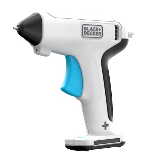 Photo of BLACKDECKER BCGL115 cordless glue gun with white and black body, blue trigger, side angle.