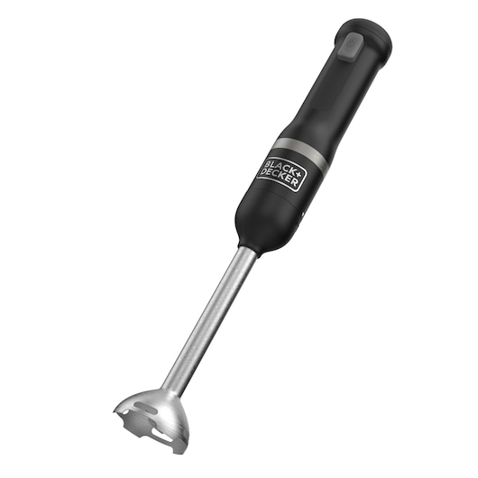 A BLACK+DECKER handheld immersion blender with a black handle and stainless steel blending shaft, shown on a white background.