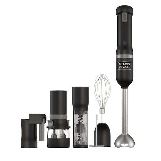 BLACK+DECKER multifunctional hand blender set with various attachments including a whisk, chopper, milk frother, and blending jar, all in black and silver.