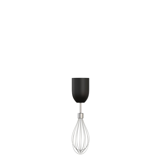 Attachment for a hand mixer with a black plastic top and a metal whisk.