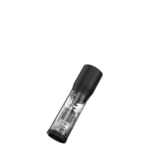 A BLACK+DECKER electric wine bottle opener with a black top and transparent lower body, showing the screw mechanism inside, displayed on a white background.