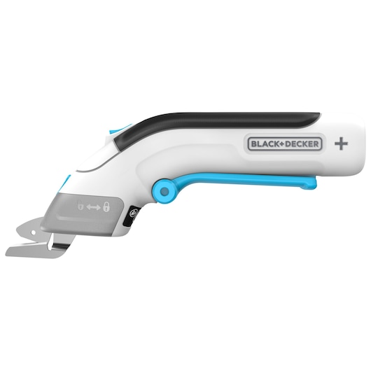 A BLACK+DECKER electric scissors with a white and blue ergonomic handle, shown from the side.