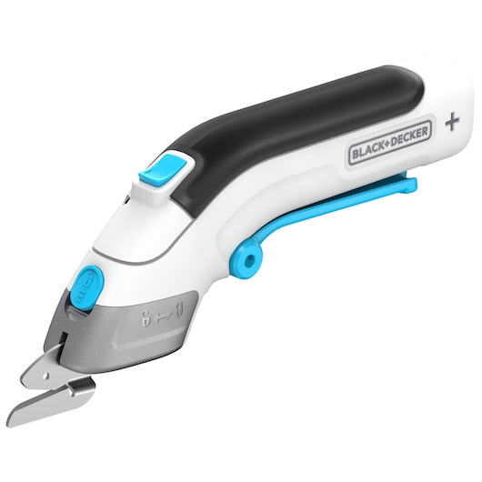 A BLACK+DECKER electric rotary cutter with a black and white ergonomic handle, blue accents, and a metal cutting blade. The tool is designed for precision cutting of various materials.